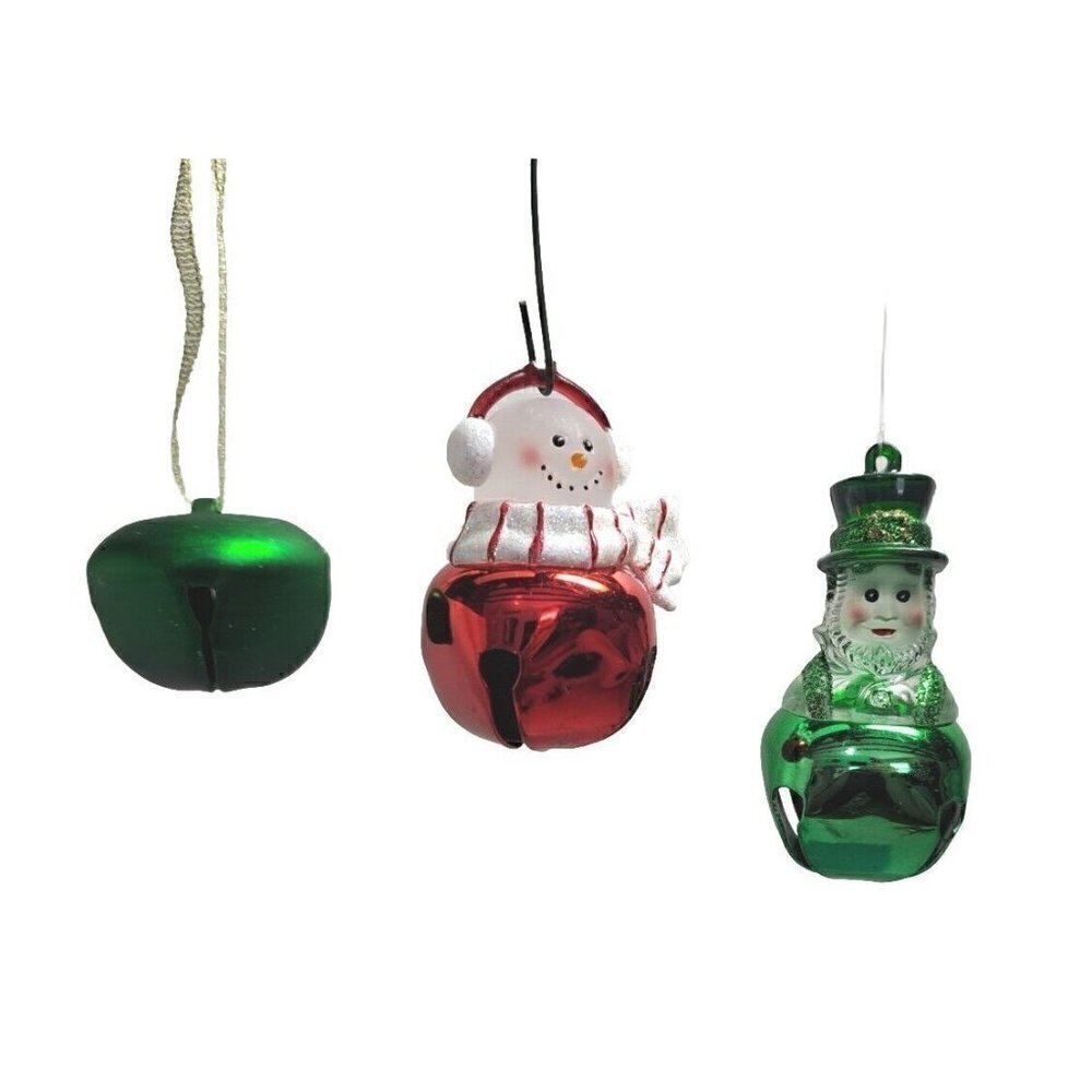 Lot of 3 Jingle Bell Ornaments - Red Snowman, Green Leprechaun, Green Plain Bell